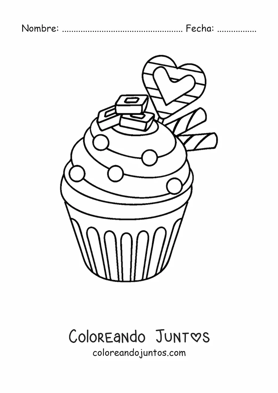 Imagen para colorear de un cupcake con un corazón y dos barquillos