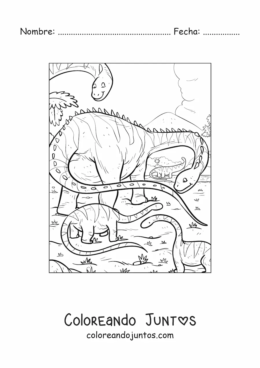 Imagen para colorear de dinosaurio diplodocus de cuello largo y cola larga con sus bebés