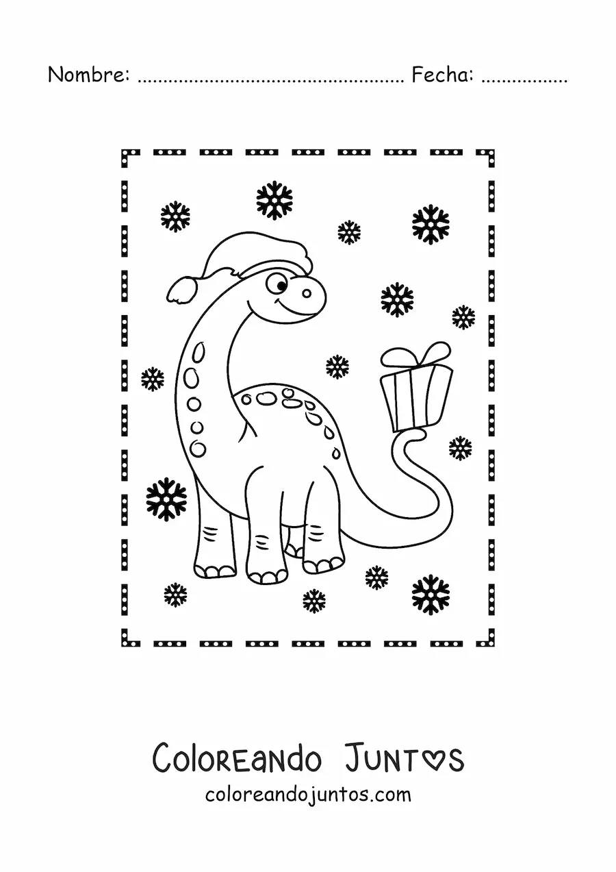 Imagen para colorear de dinosaurio de cuello largo animado con regalo de Navidad
