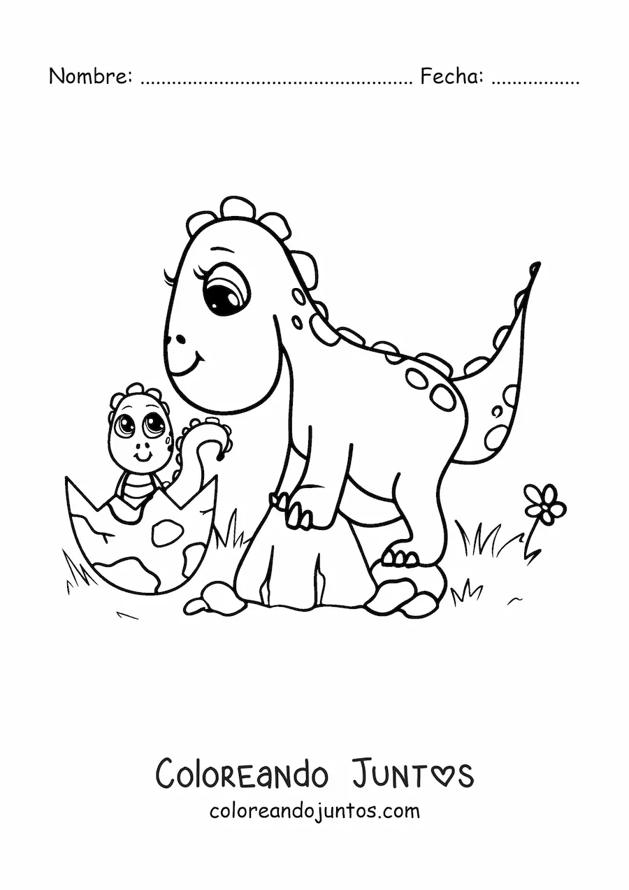 Imagen para colorear de mamá con dinosaurio bebé kawaii saliendo del huevo