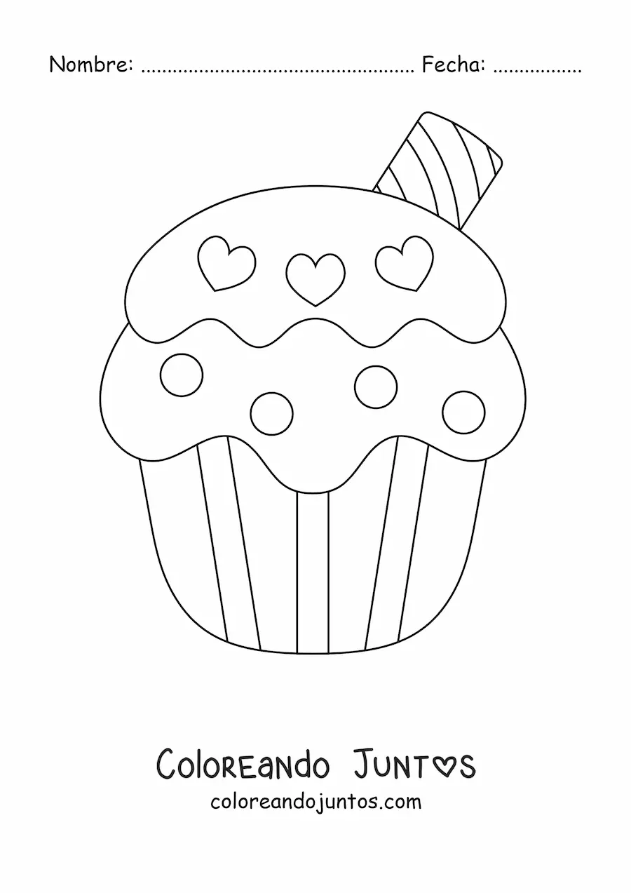 Imagen para colorear de un cupcake con corazones en el glaseado y un barquillo