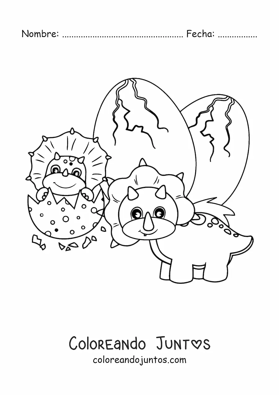 Imagen para colorear de triceratops animado con su bebé saliendo del huevo