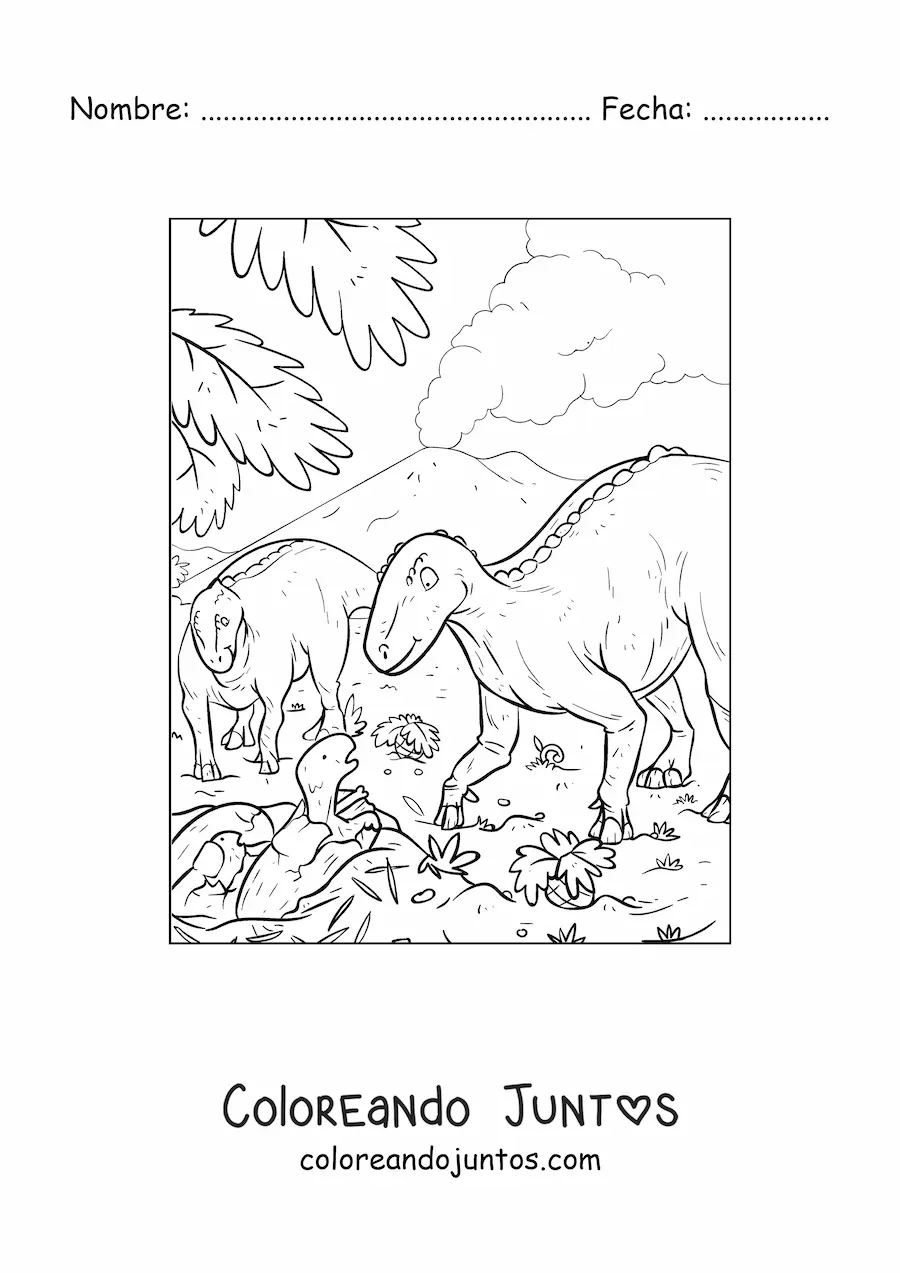Imagen para colorear de dinosaurios recién nacidos con su mamá