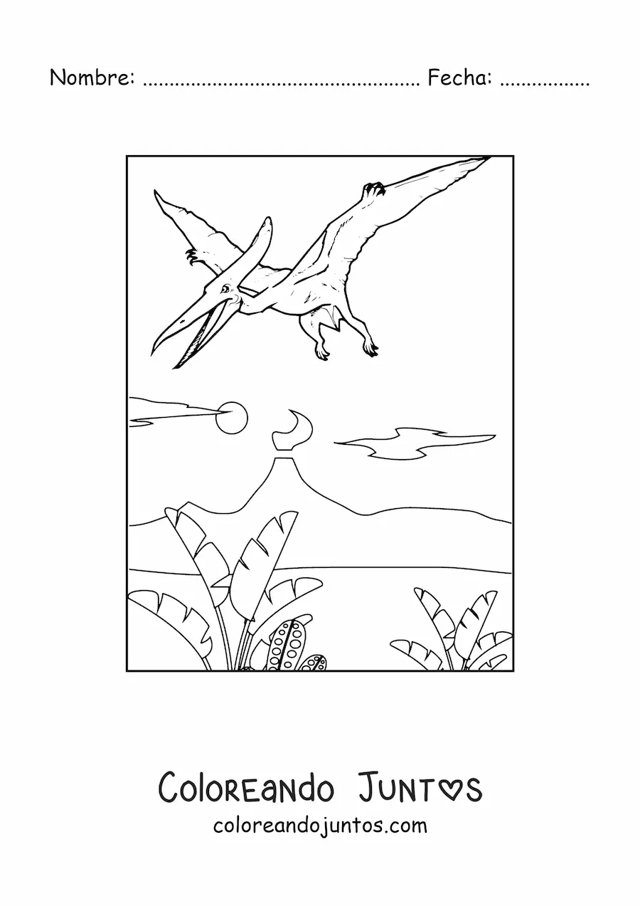 Imagen para colorear de dinosaurio volador volando en su hábitat