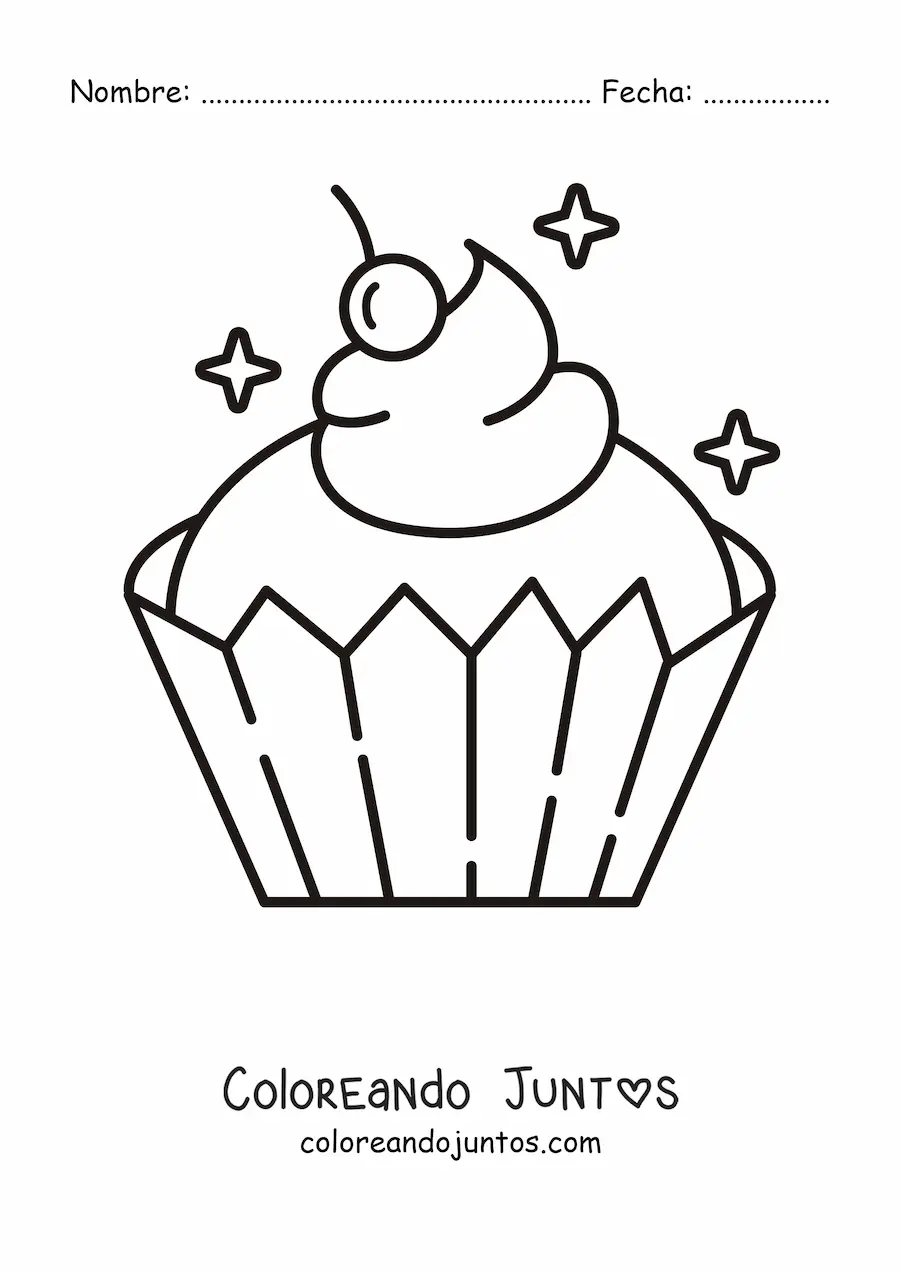 Imagen para colorear de un cupcake con una cereza encima del glaseado y brillos