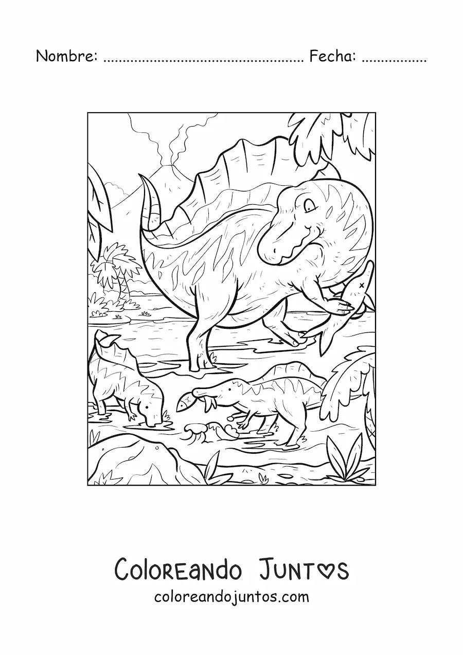 Imagen para colorear de espinosaurio carnívoro en su hábitat con sus bebés