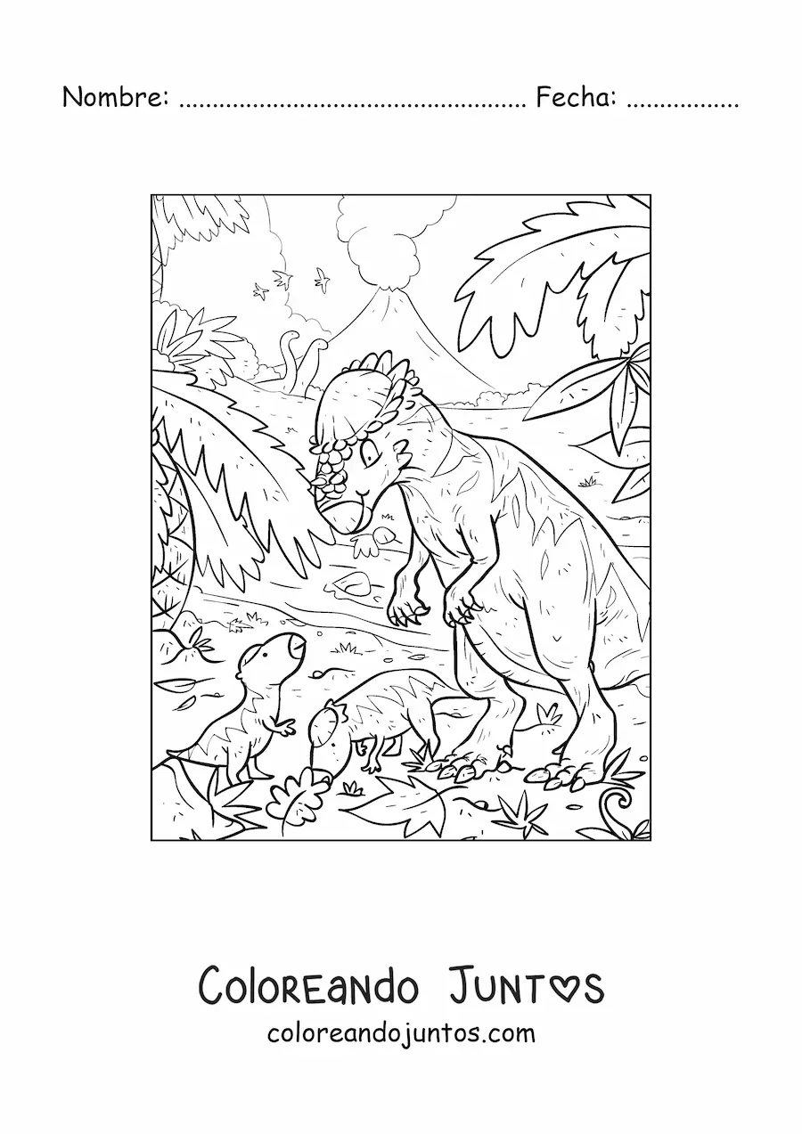 Imagen para colorear de pachycephalosaurus omnívoro con sus bebés