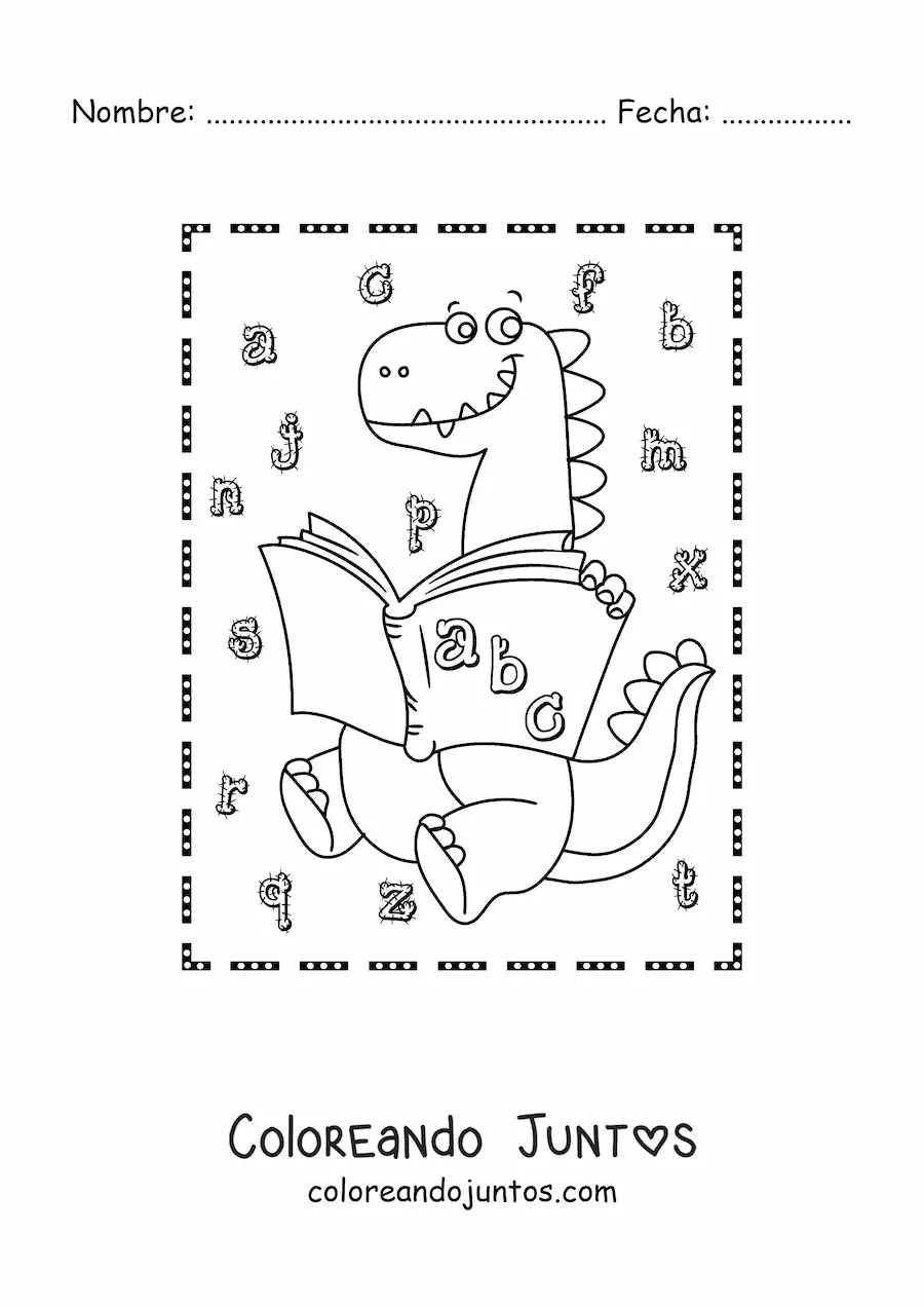 Imagen para colorear de dinosaurio carnívoro animado leyendo un libro