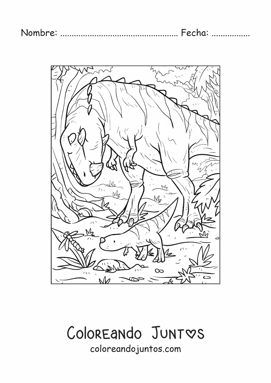 Imagen para colorear de dinosaurio carnívoro con un cuerno cazando con sus crías