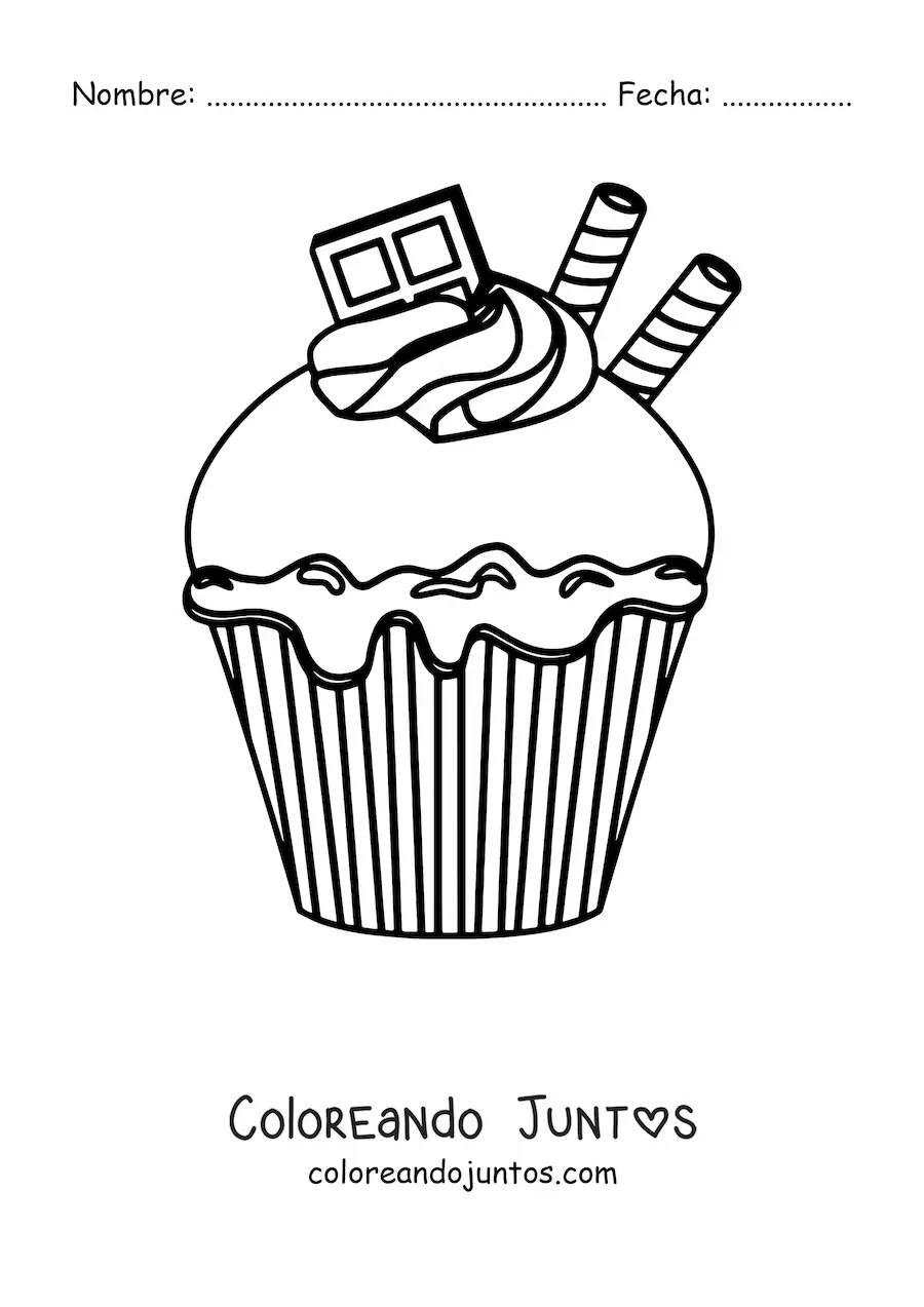Imagen para colorear de un cupcake con chocolate y dos barquillos