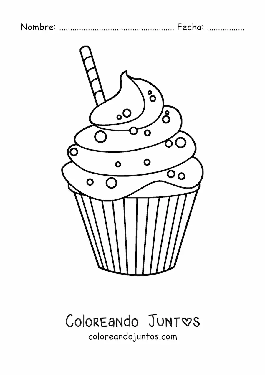 Imagen para colorear de un cupcake con glaseado y un barquillo