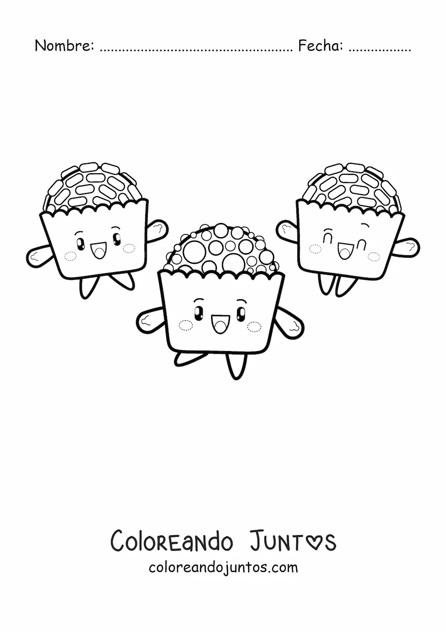 Imagen para colorear de tres cupcakes kawaiis animados