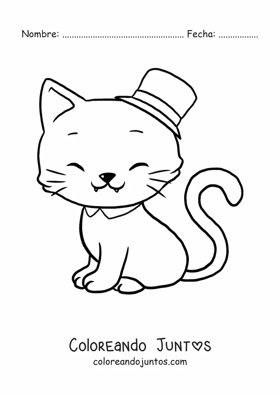 Imagen para colorear de gato kawaii grande con sombrero