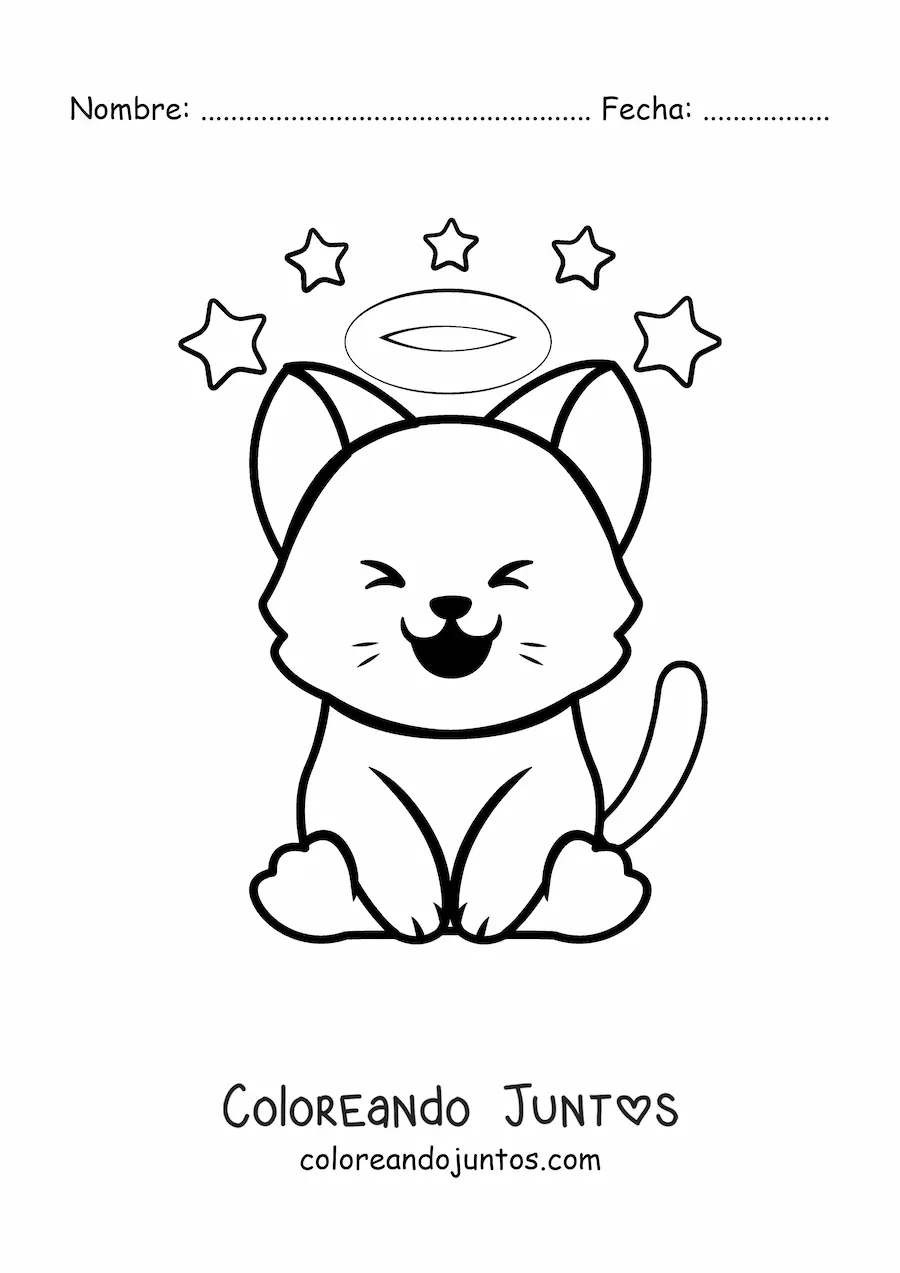 Imagen para colorear de gato kawaii con aureola