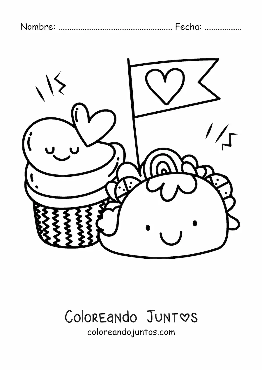 Imagen para colorear de un taco y un cupcake kawaii con un banderín de corazón