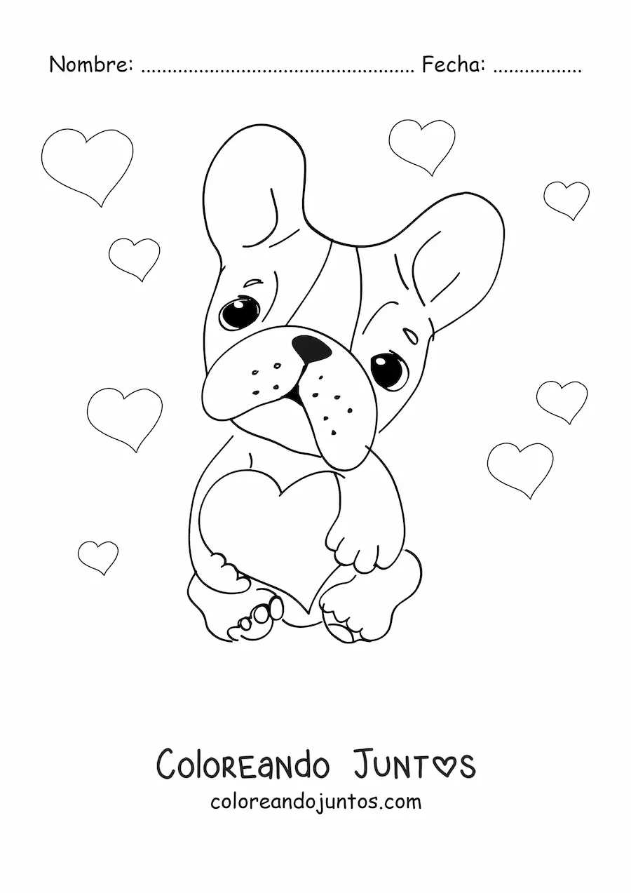 Imagen para colorear de bulldog francés con corazones