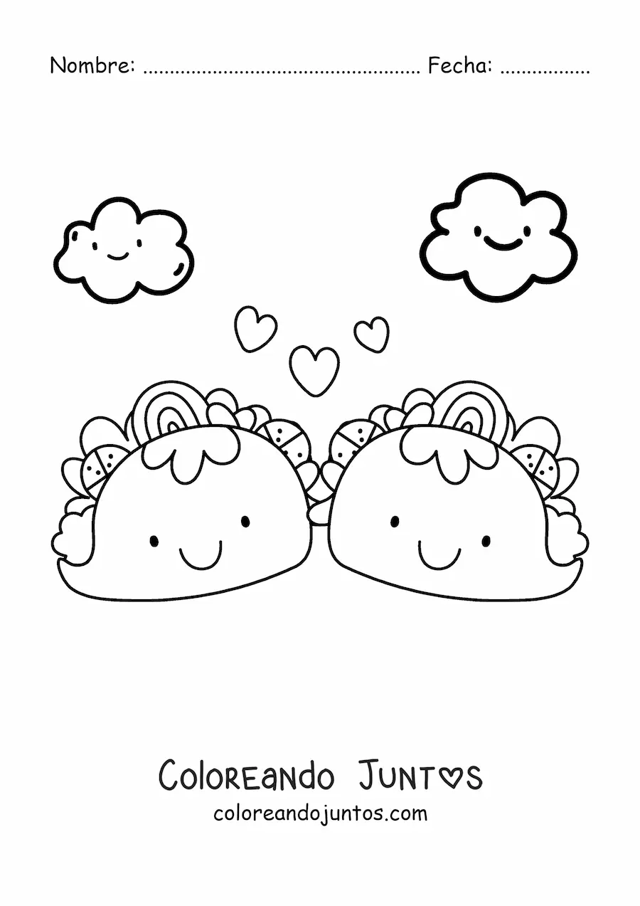 Imagen para colorear de dos tacos kawaiis con corazones y nubes