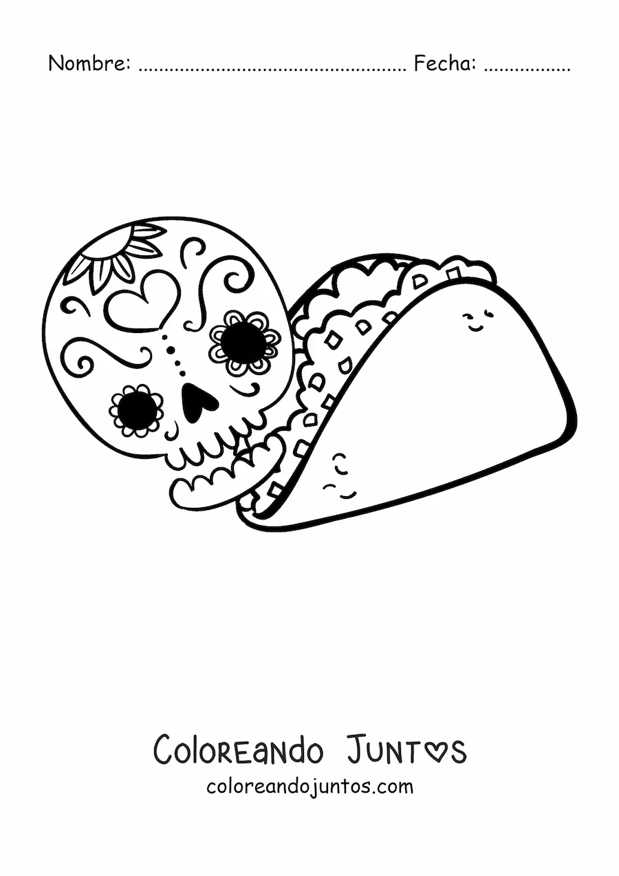 Imagen para colorear de un taco con una catrina mexicana