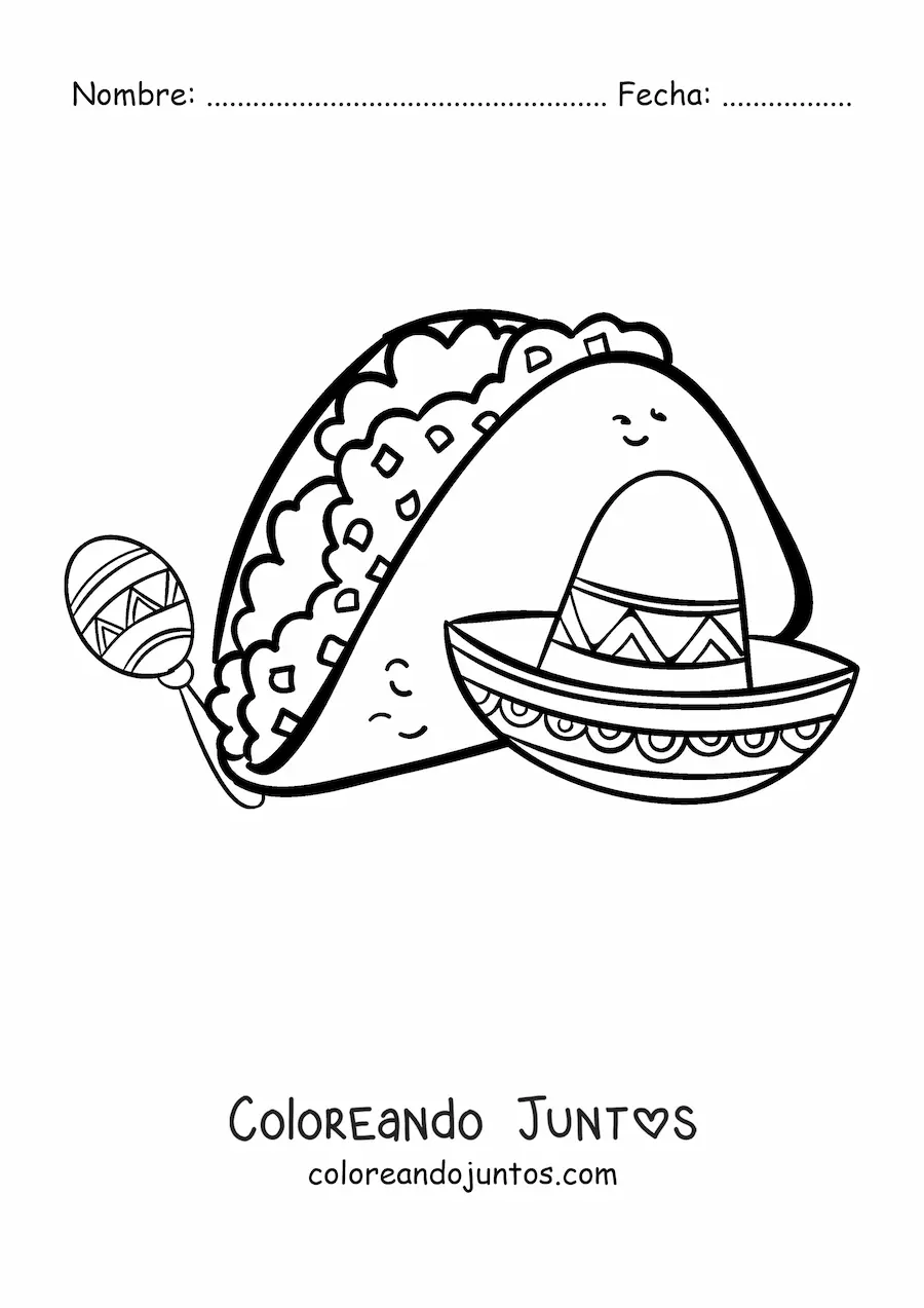 Imagen para colorear de un taco con  un sombrero mexicano y una maraca