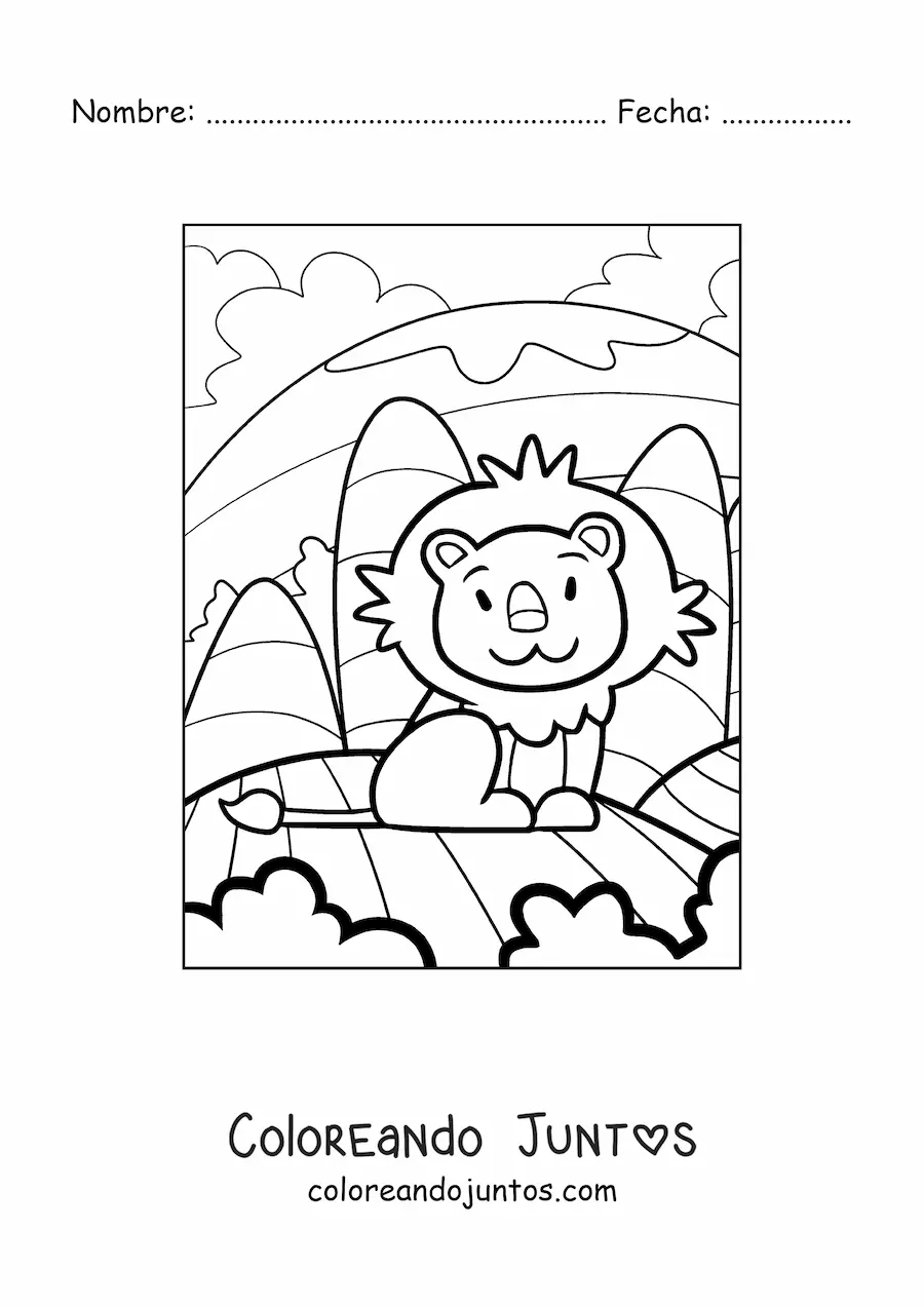 Imagen para colorear de león animado sentado con paisaje natural