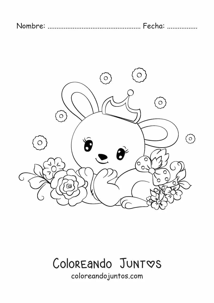 Imagen para colorear de conejo kawaii con corona y flores