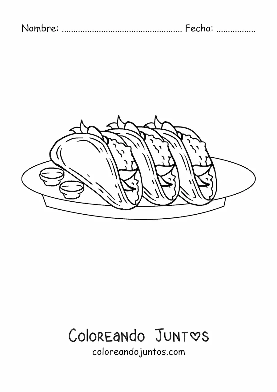 Imagen para colorear de un plato de tacos con salsas