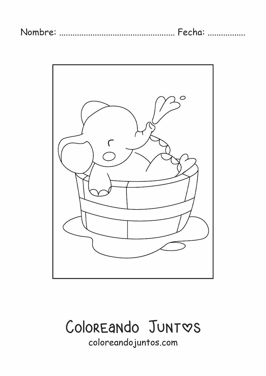 Imagen para colorear de elefante bebé kawaii bañándose