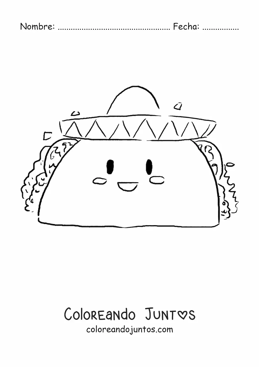 Imagen para colorear de un taco kawaii con  un sombrero mexicano