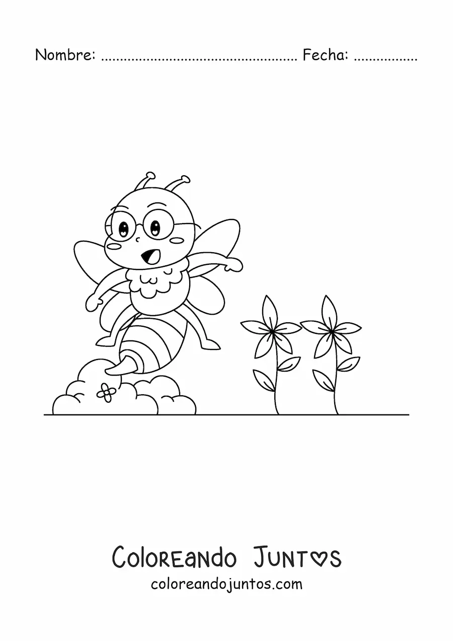 Imagen para colorear de abeja kawaii animada con flores