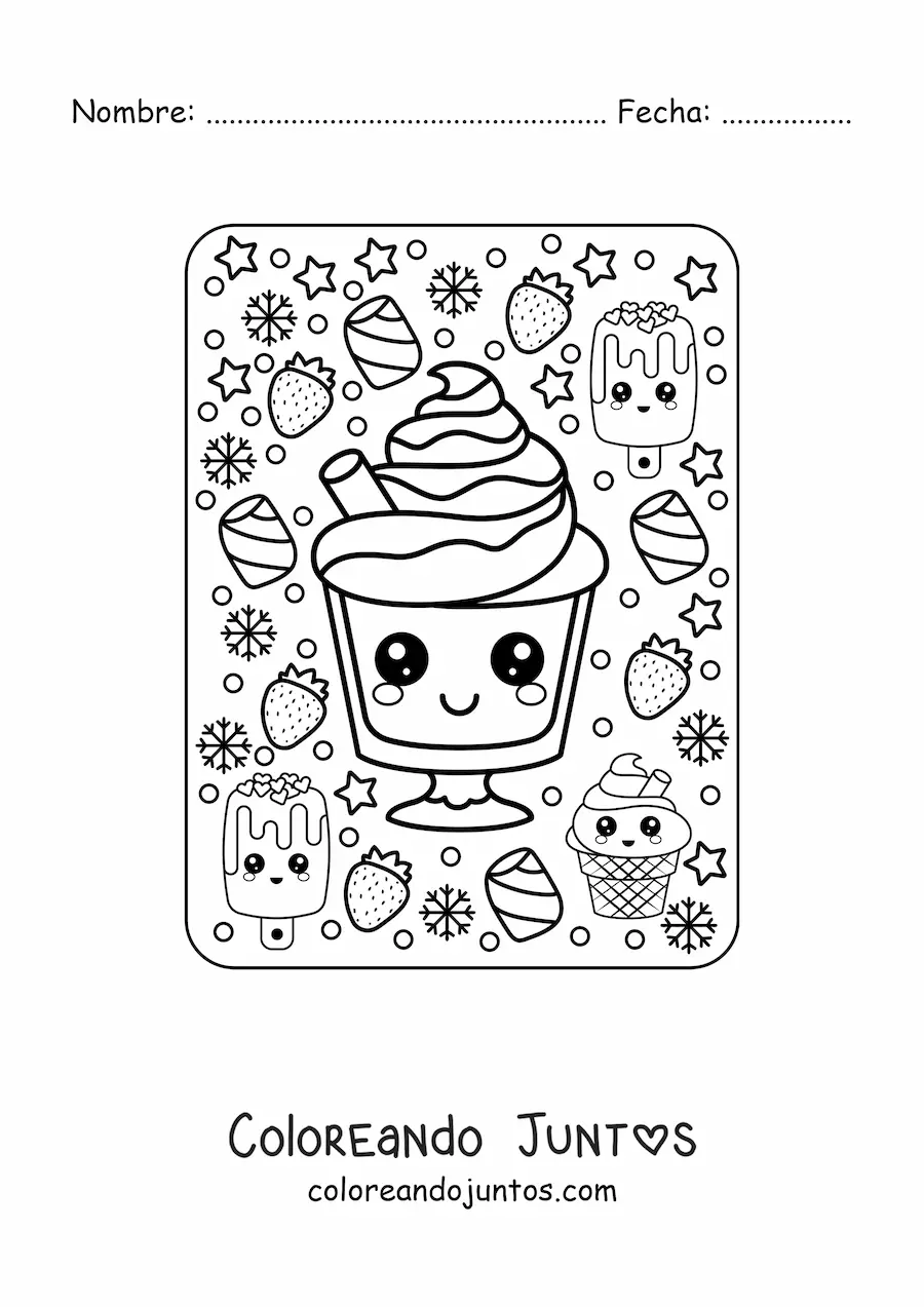 Imagen para colorear de copa de helado kawaii