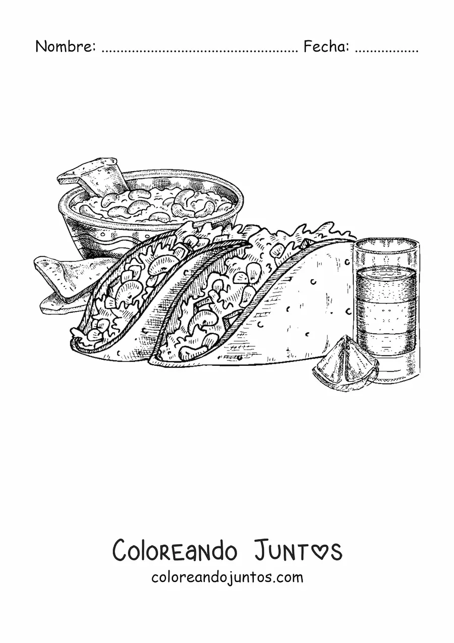 Imagen para colorear de dos tacos con un vaso de tequila y nachos en el fondo