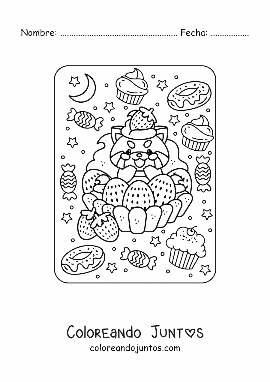 Imagen para colorear de panda rojo en un pastel de fresa kawaii