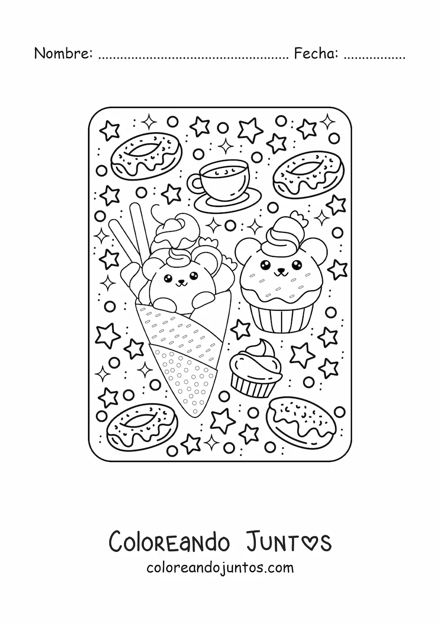 Imagen para colorear de helado y cupcake de ositos kawaii