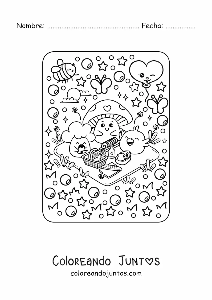 Imagen para colorear de hongo y brócoli animado con polluelo kawaii de picnic