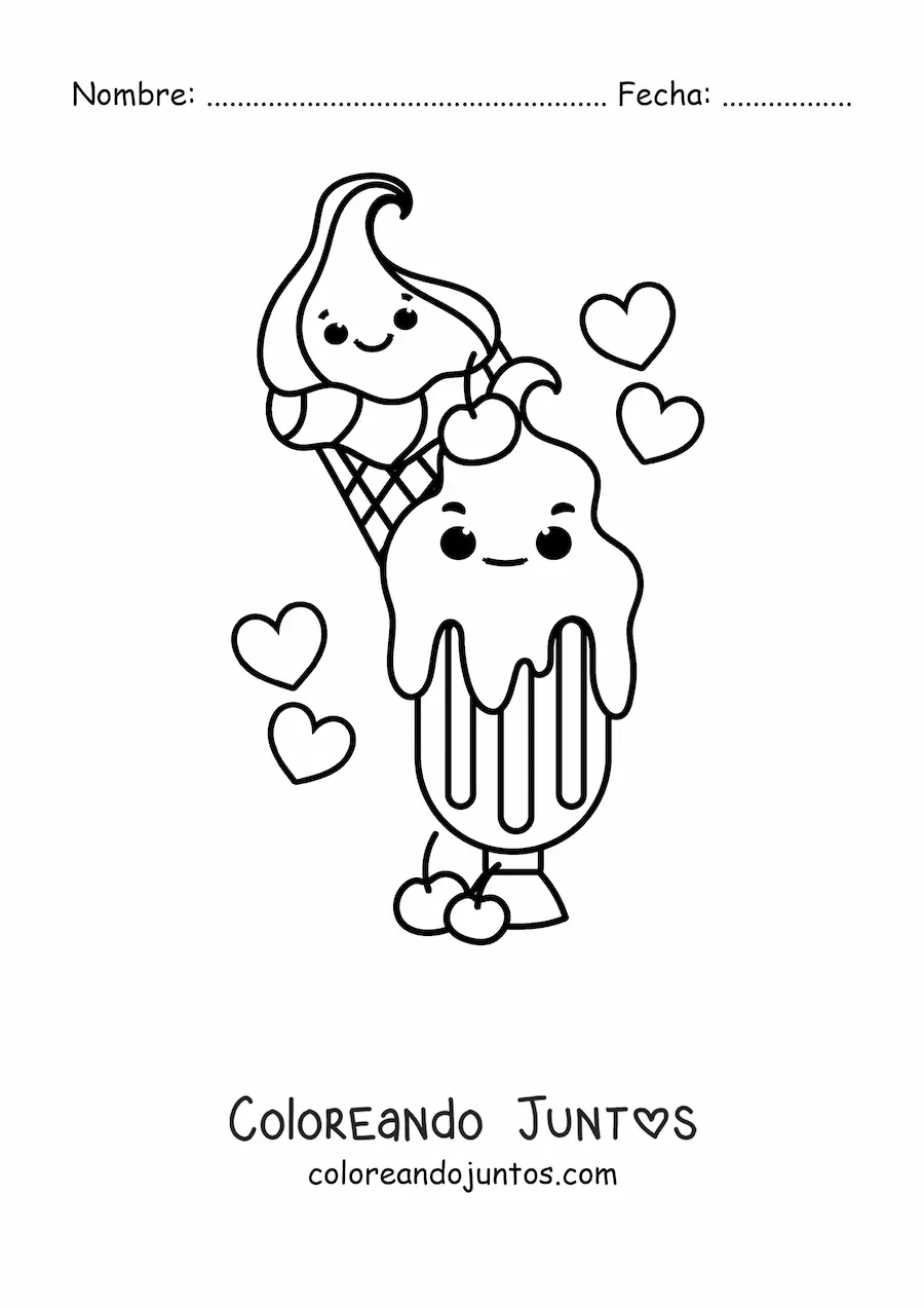 Imagen para colorear de helados kawaii con corazones