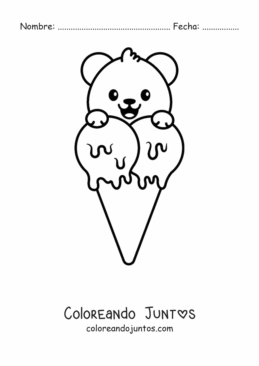 Imagen para colorear de oso kawaii con helado