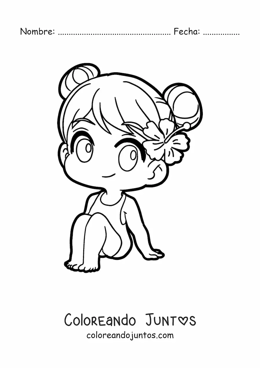 Imagen para colorear de niña kawaii sentada con traje de baño
