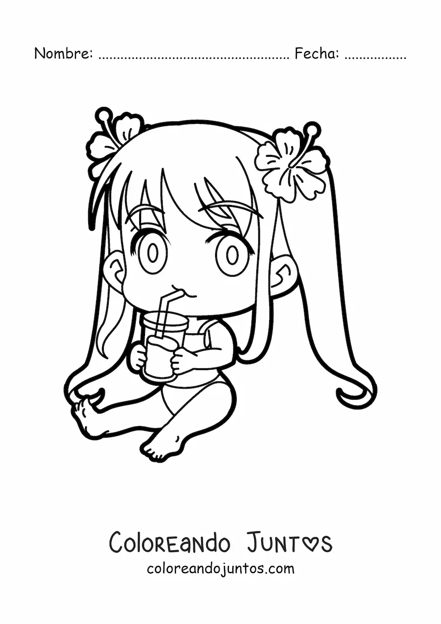 Imagen para colorear de niña kawaii sentada con traje de baño y una bebida