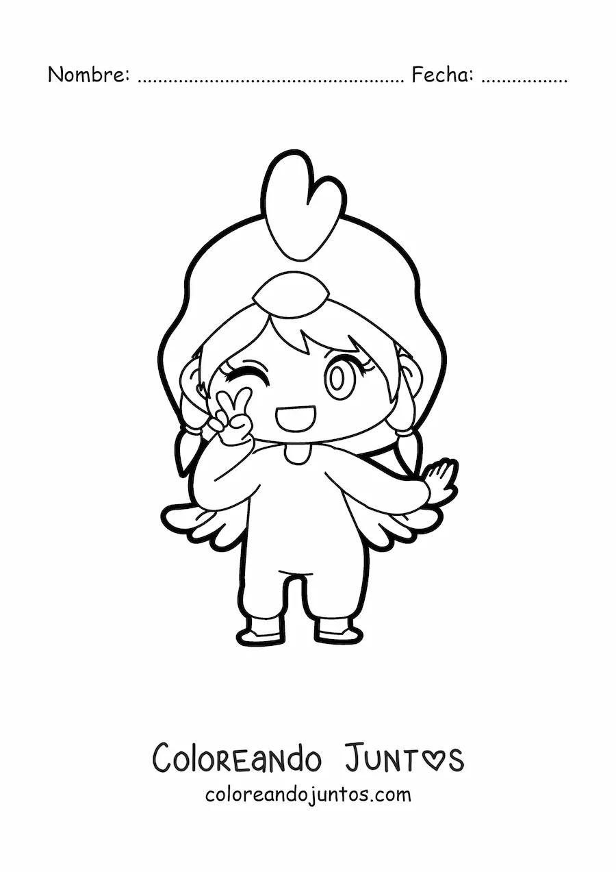 Imagen para colorear de muñeca kawaii con disfraz de gallina