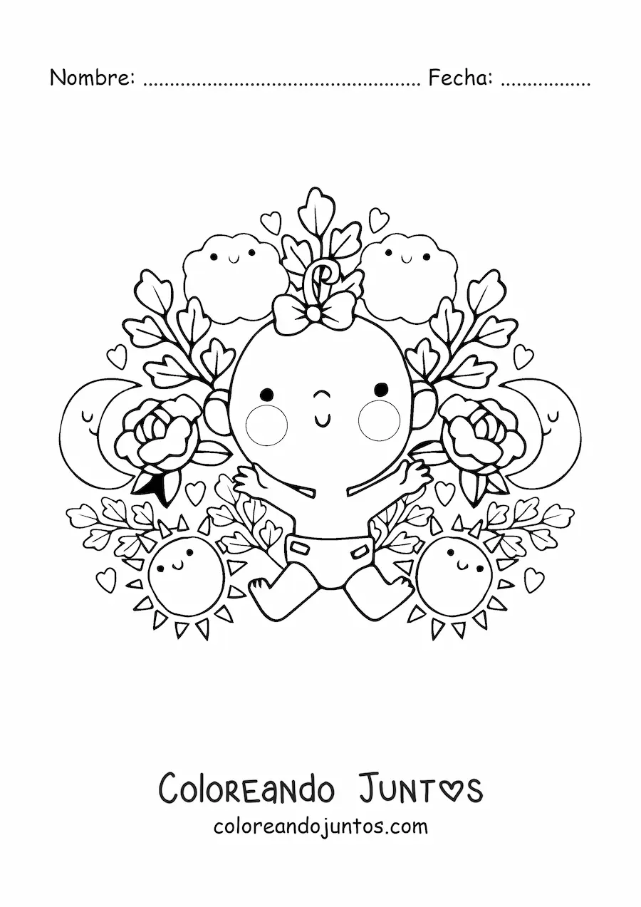 Imagen para colorear de bebé niña kawaii con flores animadas