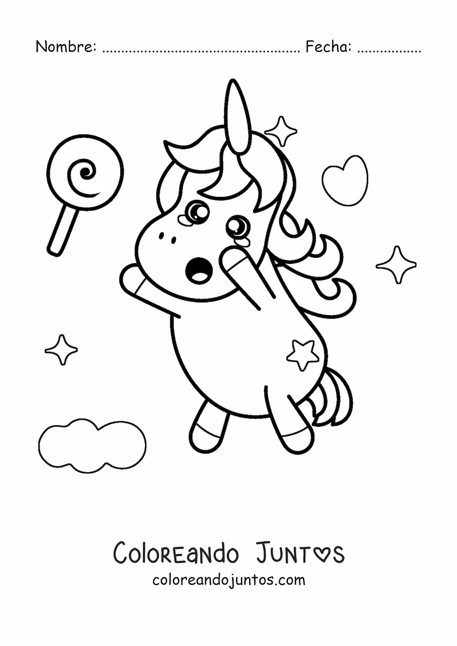 Imagen para colorear de un unicornio kawaii levantado que intenta agarrar una paleta