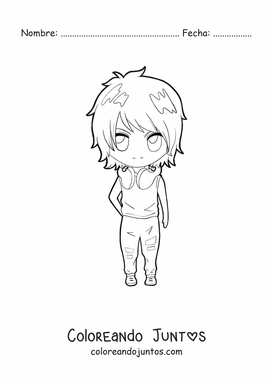 Imagen para colorear de chico anime kawaii con audífonos