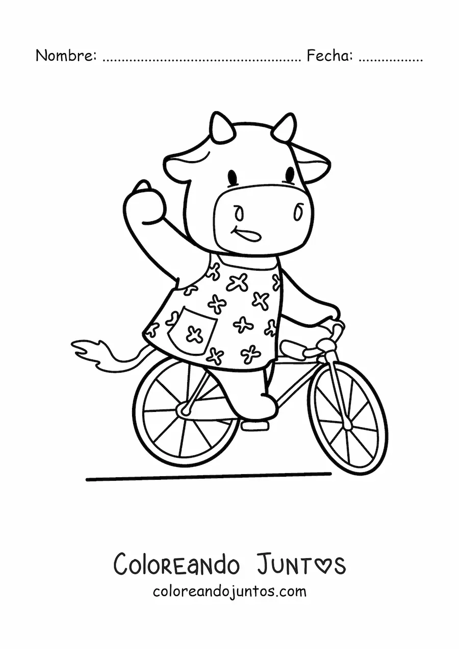 Imagen para colorear de vaca kawaii animada conduciendo una bicicleta