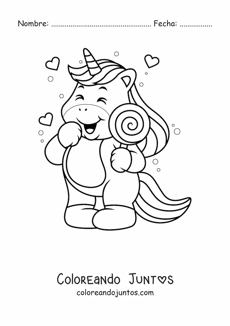 Imagen para colorear de un unicornio con una paleta en espiral y corazones en el fondo