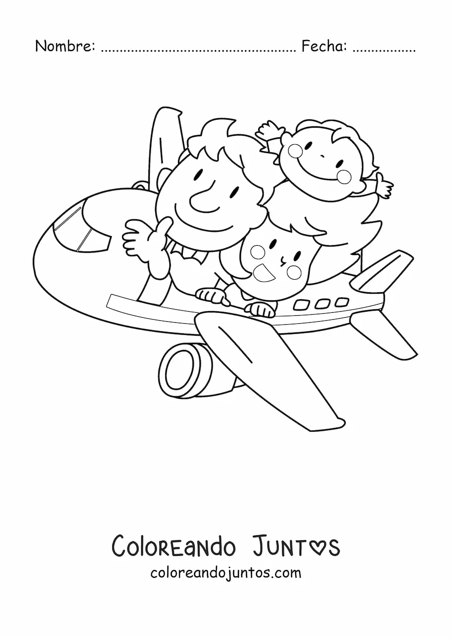 Imagen para colorear de familia kawaii viajando en un avión