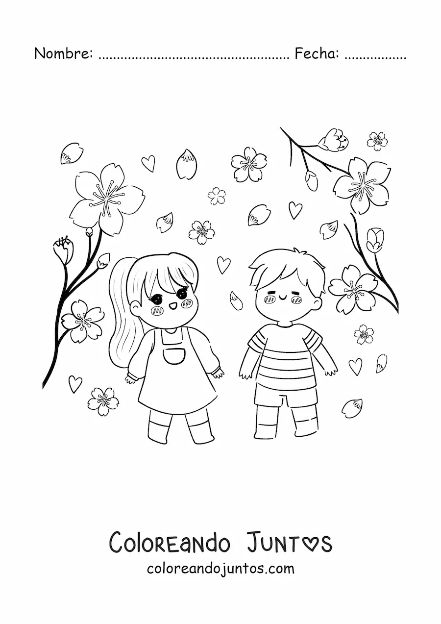 Imagen para colorear de niños kawaii viendo flores de cerezo