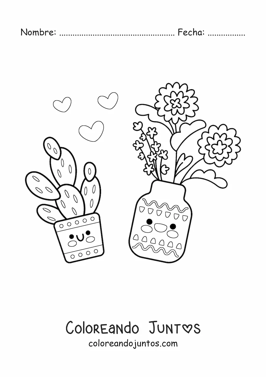Imagen para colorear de maceta con flores kawaii junto a un cactus