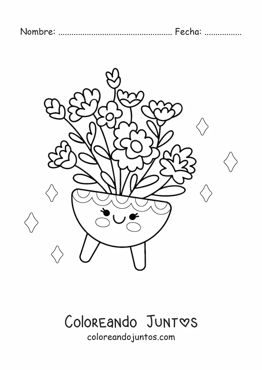 Imagen para colorear de maceta con flores kawaii grande