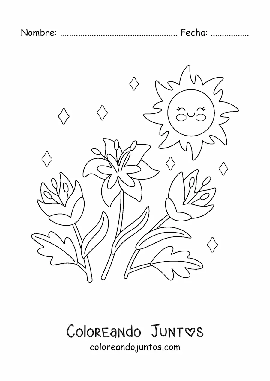 Imagen para colorear de Sol kawaii con flores