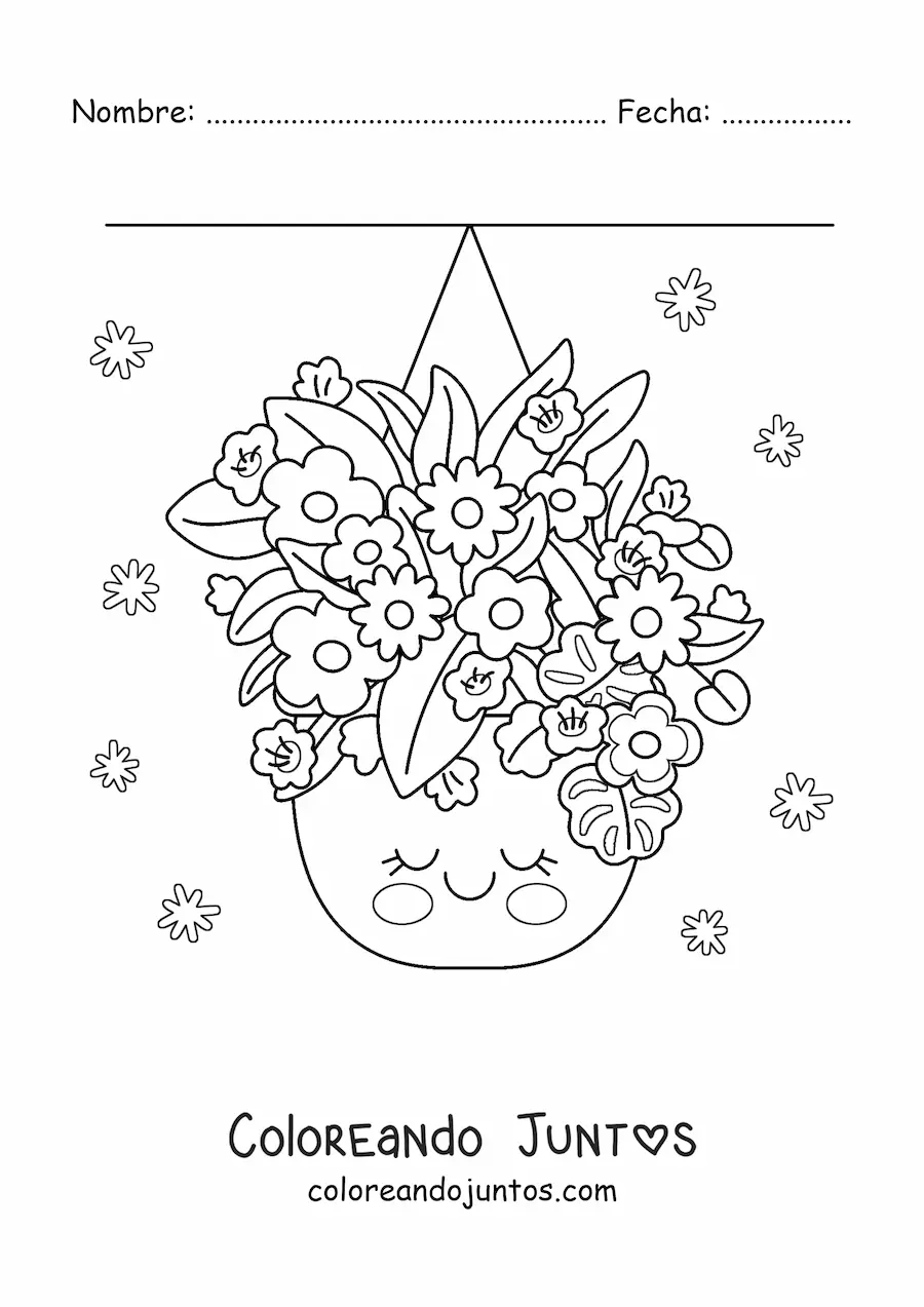 Imagen para colorear de macetas colgante con flores kawaii grandes